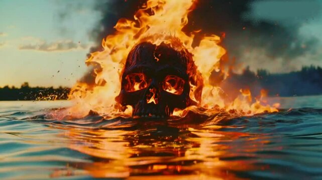 Burning and demonical  cyber scull jumps out from mystic lake, from under water, in lot water splahes, HD 4K Video Clip 