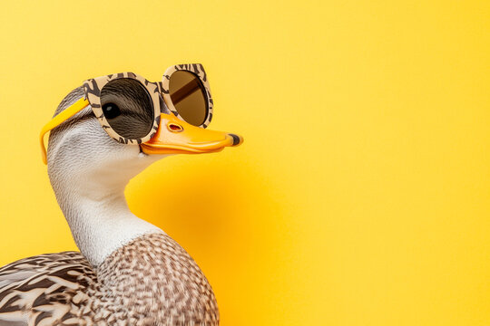 stylish duck wearing sunglasses poses confidently against vibrant yellow background, showcasing its unique personality and charm. This playful portrait captures essence of fun and creativity