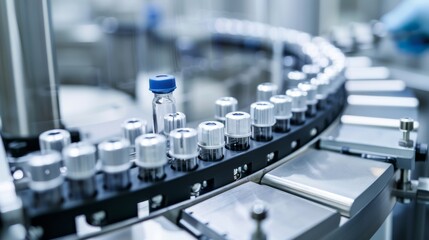 Obraz premium Glass vials move along a state-of-the-art assembly line, reflecting precision and modernity in pharmaceutical production.