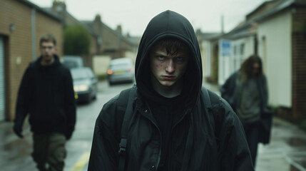 Teens or young people wearing hoodies, they are in an impoverished bleak urban area in the UK, there is a sense of danger. Wide landscape 16:9