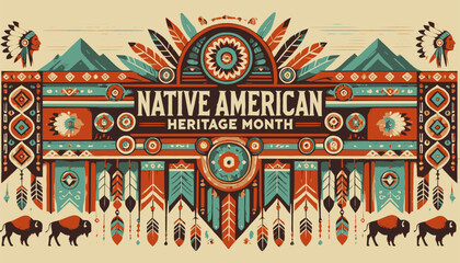 Native american heritage month, Indigenous Peoples' Day International Day of the World's Indigenous Peoples or Native American Day. Vector banner. Background with a pattern of feathers.