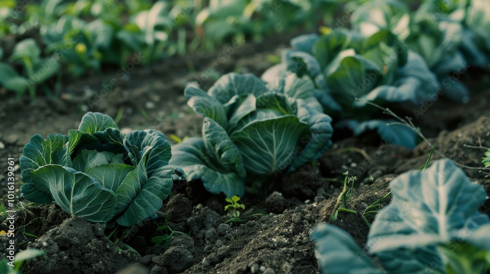 Wall mural Rows of fresh cabbages grow in orderly lines in a verdant field, symbolizing abundance and the nurturing cycle of agriculture.