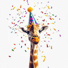 giraffe wearing colorful party hat is surrounded by vibrant streamers and confetti, creating festive atmosphere. This playful scene captures joy of celebration © mingnimit