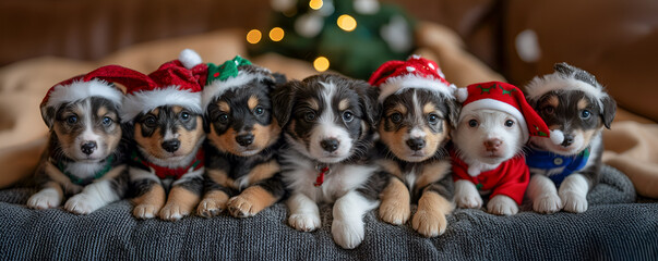 Cute puppies in Santa Claus hats.