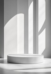 Fototapeta premium Minimalist white display platform in a bright, sunlit room with soft shadows.