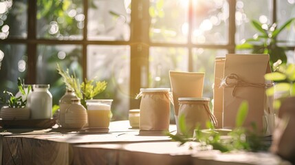 Fototapeta premium Sunlight filters through foliage, illuminating glass jars and packages on a wooden table, creating a warm, inviting scene of natural abundance.