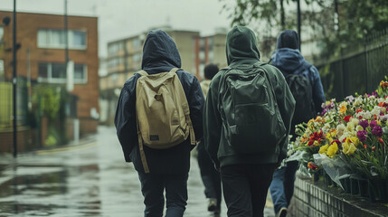 A group of young people or teens wearing hoodies walk past a small flower shrine at a crime scene in an urban area, wide landscape ratio 16:9