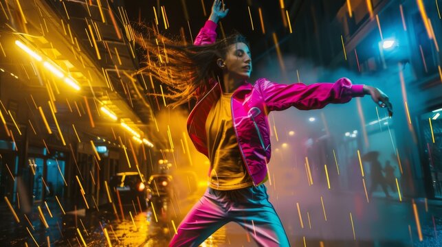 A dancer in a vivid pink outfit moves gracefully through rain and neon lights, exuding freedom and expression.