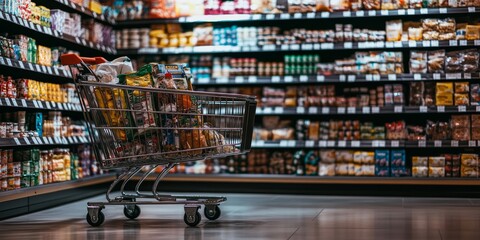 Fototapeta premium A shopping cart filled with groceries in a well-stocked supermarket aisle.