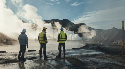 Three workers in protective gear stand on a foggy construction site near steaming vents, silhouetted against a morning sky in an industrial setting.