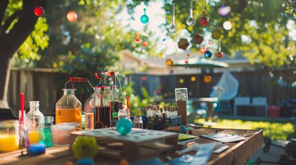 A backyard science lab brimming with colorful experiments and glassware, surrounded by lush greenery and bathed in sunshine.