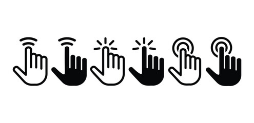 set of hand pointer cursor icon symbol sign vector design black white color flat outline black fill illustration isolated