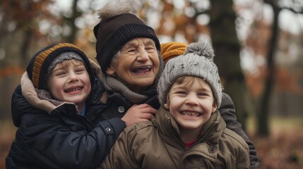 A delighted grandmother surrounded by two grinning children in warm winter clothing, basking in familial joy.