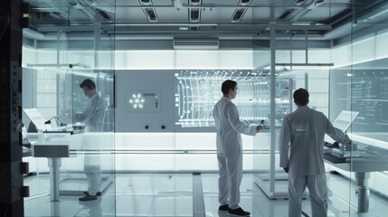 Researchers in white lab coats discuss operations amidst a sleek glass-walled tech lab, filled with bright screens and advanced equipment.