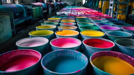 Rows of colorful dye vats in a textile factory create a vivid, artistic landscape of hues and industrial craftsmanship.