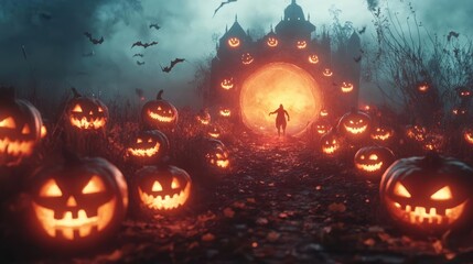 Naklejka premium A haunting Halloween scene featuring glowing pumpkins and a mysterious portal, set amidst a dark, foggy landscape.