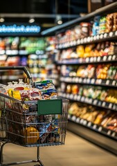 A shopping cart filled with groceries in a modern supermarket aisle.