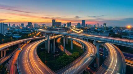Fototapeta premium A bustling urban sunset scene with dynamic light trails showcasing vibrant city life and architectural marvels in vibrant hues.