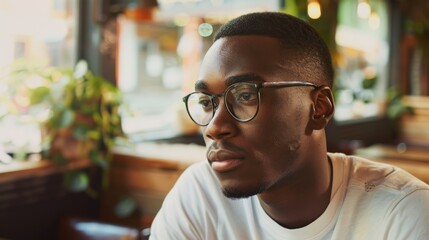 Obraz premium A thoughtful man in glasses sits at a cozy cafe, absorbed in contemplation, with warm ambient lighting and plants around him.