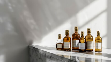 A collection of amber glass bottles bathing in soft sunlight on a marble counter, casting long shadows that emphasize their elegant simplicity.