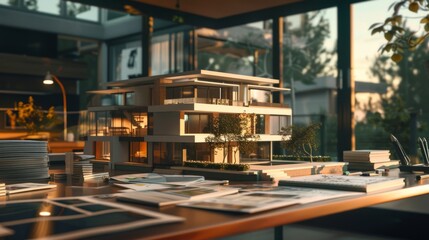 Fototapeta premium A sophisticated architectural model under warm lighting sits amidst design plans, conveying innovation and creativity in modern urban planning.
