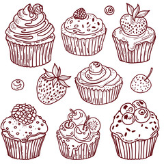 Cute cartoon berries and cupcakes. Hand-drawn sweets. Delicious cupcakes with icing.