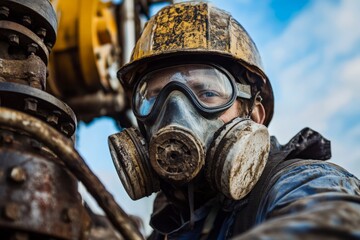 Fototapeta premium A worker in full protective gear, including a gas mask, operates machinery under harsh environmental conditions in a field, underscoring resilience and safety awareness.