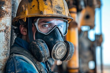 Fototapeta premium A worker wearing a gas mask inspects equipment in an industrial field environment, depicting readiness and the importance of health precautions in hazardous work settings.