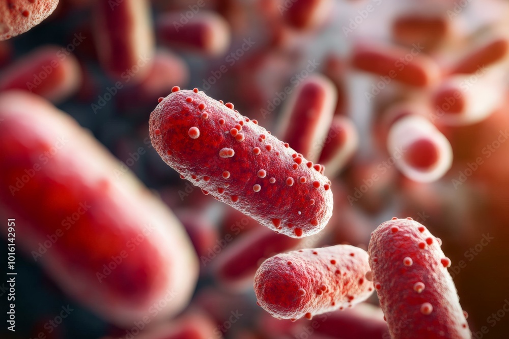 Aufkleber A highly detailed microscopic view of red bacteria cells, highlighting the intricate textures and biological complexity present in microbial life forms.