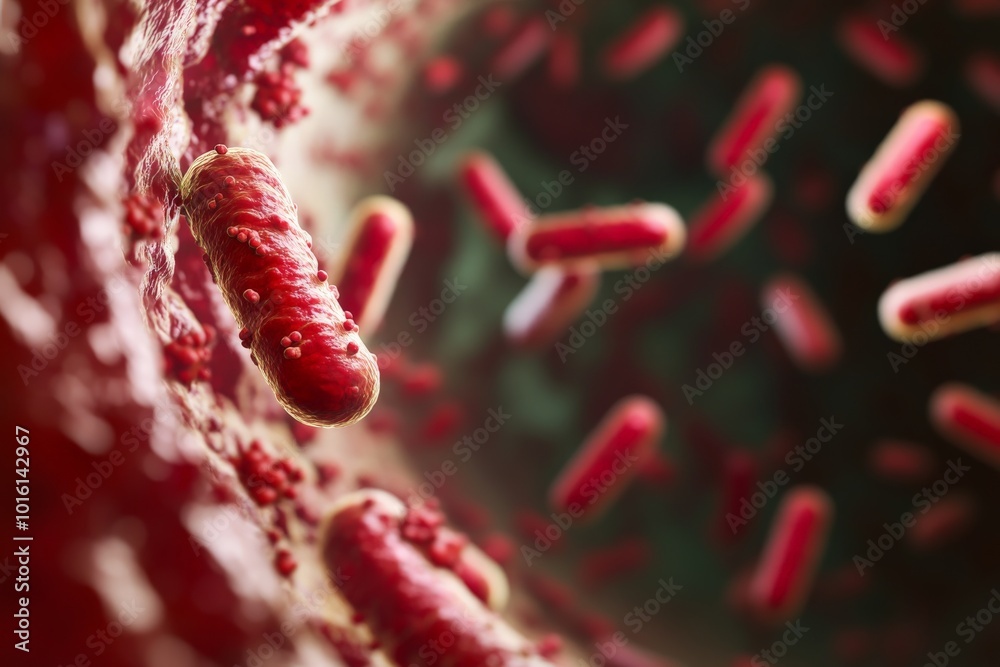 Poster a fascinating microscopic shot of dynamic red bacteria in motion, highlighting the vibrant and livel