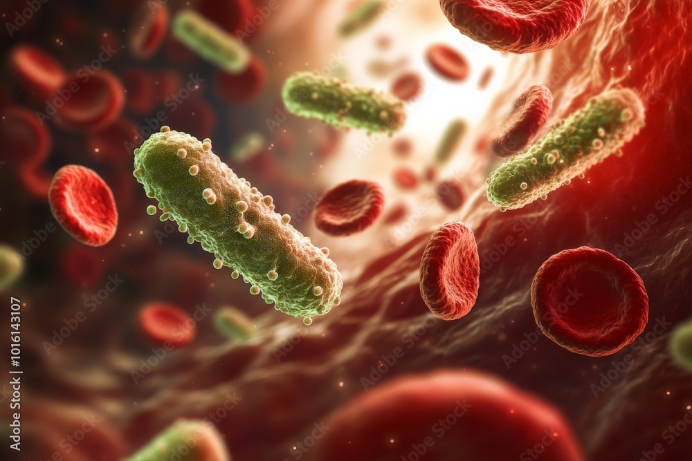 Poster an image showcasing green bacteria intertwined with red blood cells, providing a contrast between th
