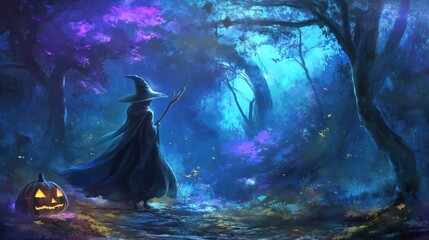Obraz premium Witch and glowing Halloween pumpkin in the magical forest
