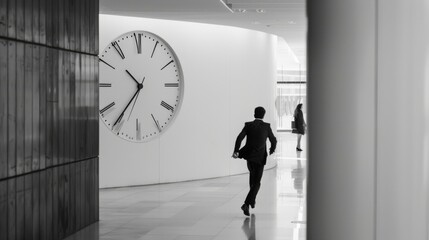 A man rushes through a modern hallway past a large wall clock, conveying urgency and a fast-paced office environment.