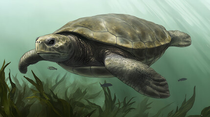Obraz premium Graceful Lone Sea Turtle Gliding Through Kelp