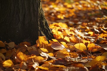 The majestic tree stands firm amidst a blanket of radiant autumn foliage, brilliantly capturing the harmonious blend of vibrant seasonal hues and enduring strength.