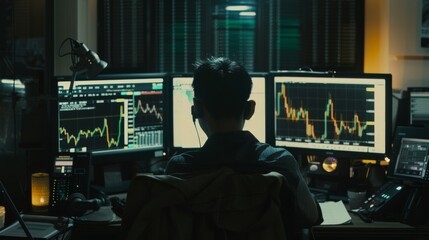A trader immersed in data on multiple screens, navigating the dynamic world of stock markets from a bustling command center.