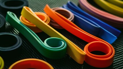 A vibrant collection of colorful bands coiled on a textured surface, showcasing diversity and energy through their vivid hues and seamless arrangement.