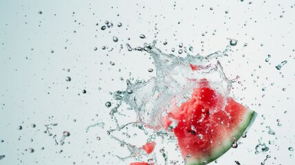 A refreshing explosion of watermelon captured mid-air with droplets splashing around, evoking pure summer excitement and vibrant freshness.