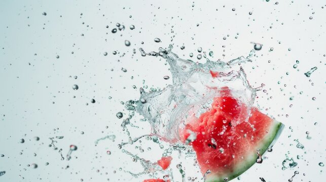 A refreshing explosion of watermelon captured mid-air with droplets splashing around, evoking pure summer excitement and vibrant freshness.