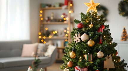 Decorated Christmas Tree with Ornaments and Lights in a Living Room