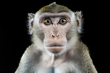 A close up portrait of monkey with big eyes, showcasing its expressive features against black background. monkeys gaze is captivating and evokes curiosity