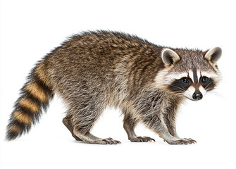 Naklejka premium Raccoon standing side view, looking at camera, showcasing its distinctive fur and markings. This curious creature embodies playful spirit and natural charm