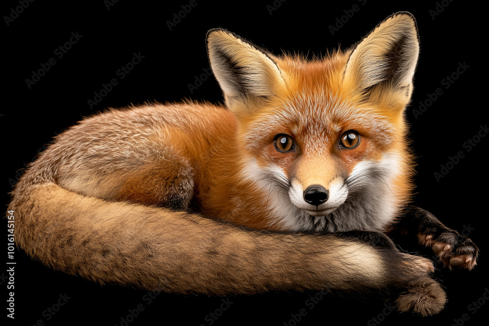 Wall mural curled up in relaxed pose, this red fox showcases its vibrant fur and striking features against blac