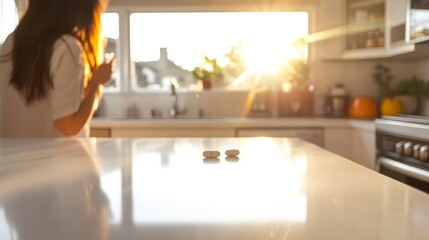 A woman in a kitchen, contemplating taking vitamins as sunlight streams through the window.