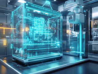 futuristic consumer unit is displayed, surrounded by holographic wiring diagram, showcasing advanced technology and innovation in sleek environment - obrazy, fototapety, plakaty