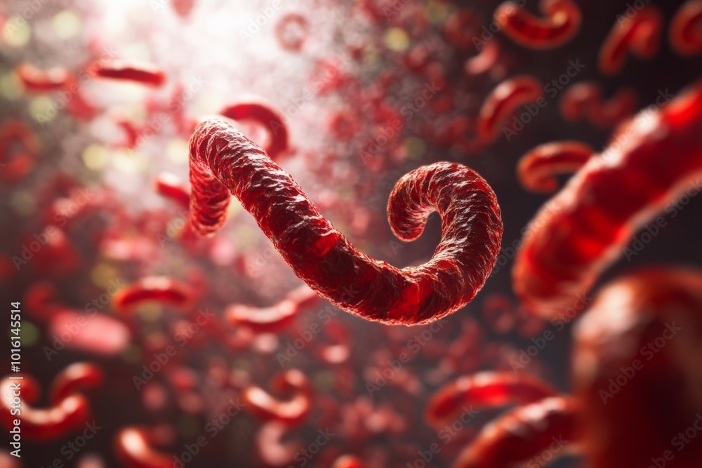Poster close-up view of vibrant, spiral-shaped microscopic organisms swirling energetically in a dynamic, f