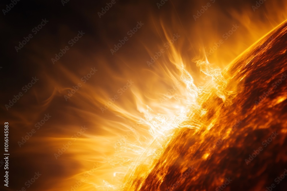 Poster spectacular imagery of a star's surface showing explosive fiery flares captured in brilliance, expre
