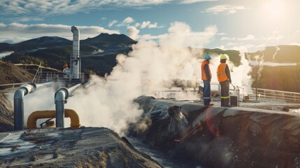 Workers clad in orange vests assess geothermal site emissions at sunset, against majestic mountains and billowing steam, illustrating energy exploration.