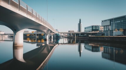 Fototapeta premium A sleek, modern bridge arches gracefully over a calm river, perfectly mirroring the seamless lines of a bustling cityscape beyond.