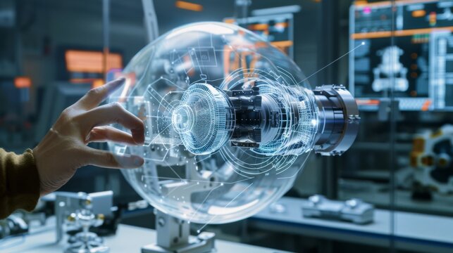 A hand interacts with a holographic globe and mechanical components, exploring advancements in technology and design.